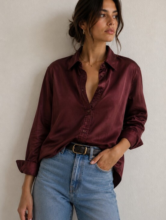 H&M Tops - H&M Long-Sleeve Button-Down Shirt in Burgundy- Medium